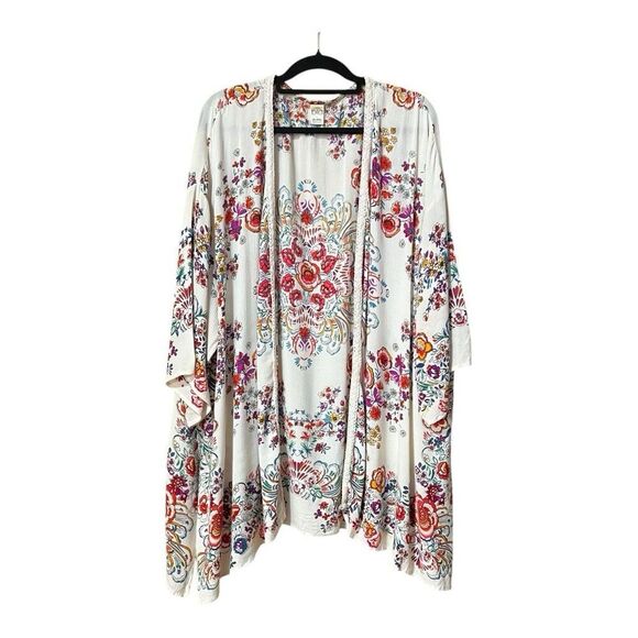 Bila Size L/XL Floral Open Front Cardigan Kimono Cream Boho Crinkle Rayon - Picture 1 of 4